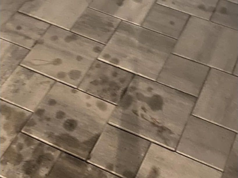 Before: hydraulic fluid stains on a paver driveway in Bonita Springs, FL — Gulf Coast Sealing & Pressure Cleaning